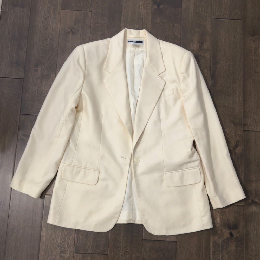 Jennifer Moore Vintage Cream 100% Wool Blazer Jacket Size 12 Lined Pockets